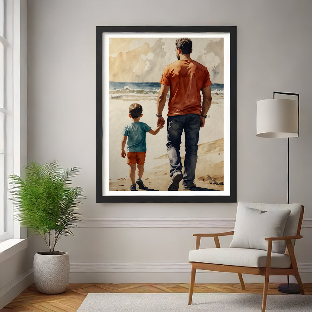 Father and Child by the Sea – Heartwarming Watercolor Family Wall Art