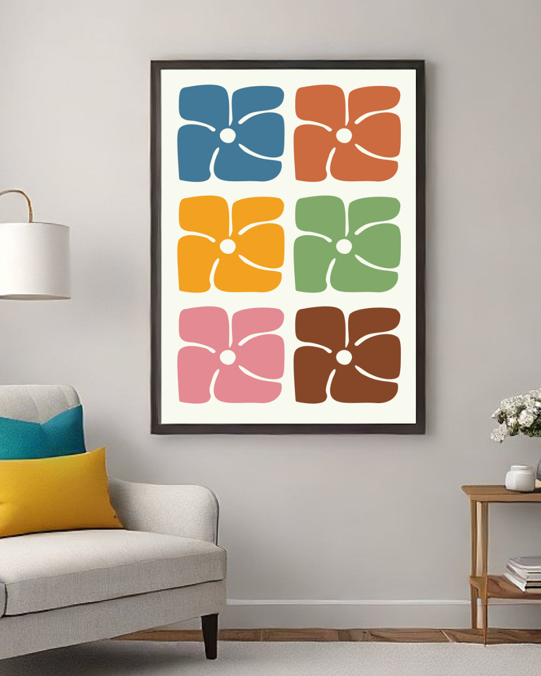 Retro Floral Grid Wall Art Print | Mid-Century Modern Abstract Flower Poster | Colorful Scandinavian Minimalist Botanical Decor