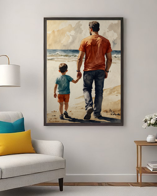 Father and Child by the Sea – Heartwarming Watercolor Family Wall Art