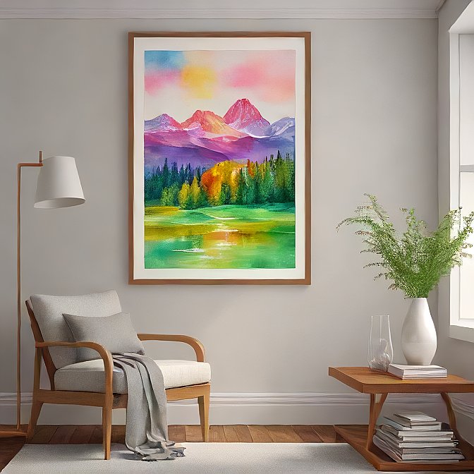Vibrant Mountain Reflections – Colorful Watercolor Landscape Wall Art