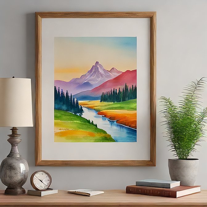 Majestic Mountain River – Vibrant Watercolor Landscape Art Print