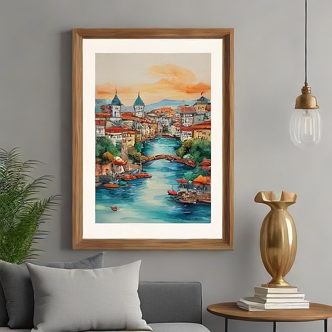 Riverside Charm – Watercolor European Townscape Art Print