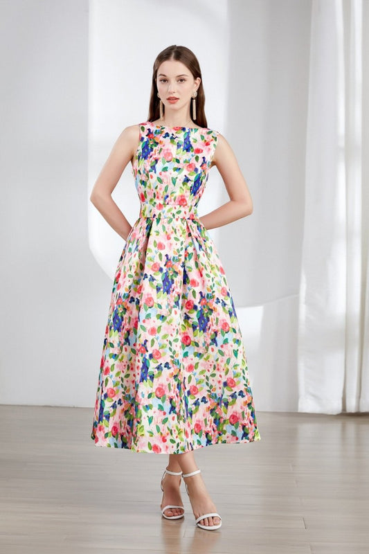 Floral Sleeveless Boatneck Flared A Line Midi Dress