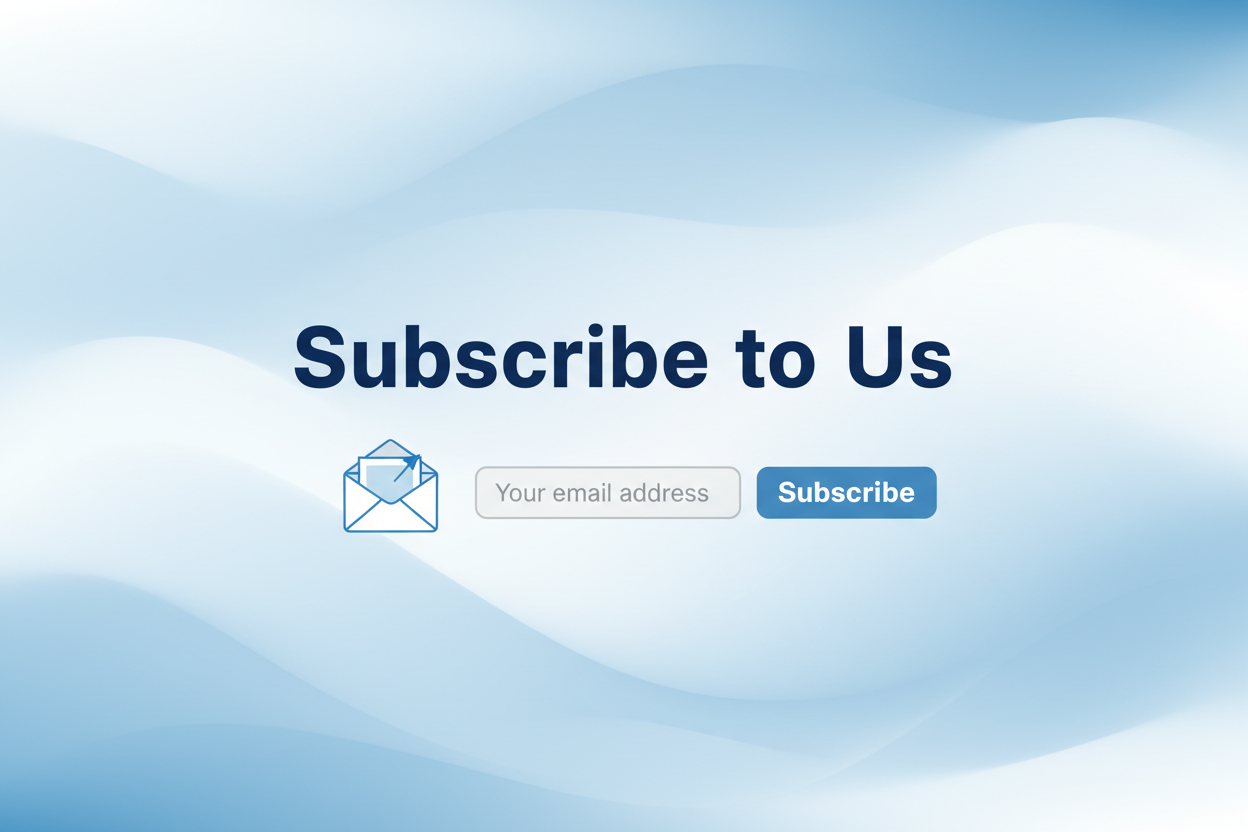 A digital graphic with the text 'Subscribe to Us' on a soft blue and white wavy background, featuring an envelope icon, a text field labeled 'Your email address,' and a blue 'Subscribe' button.